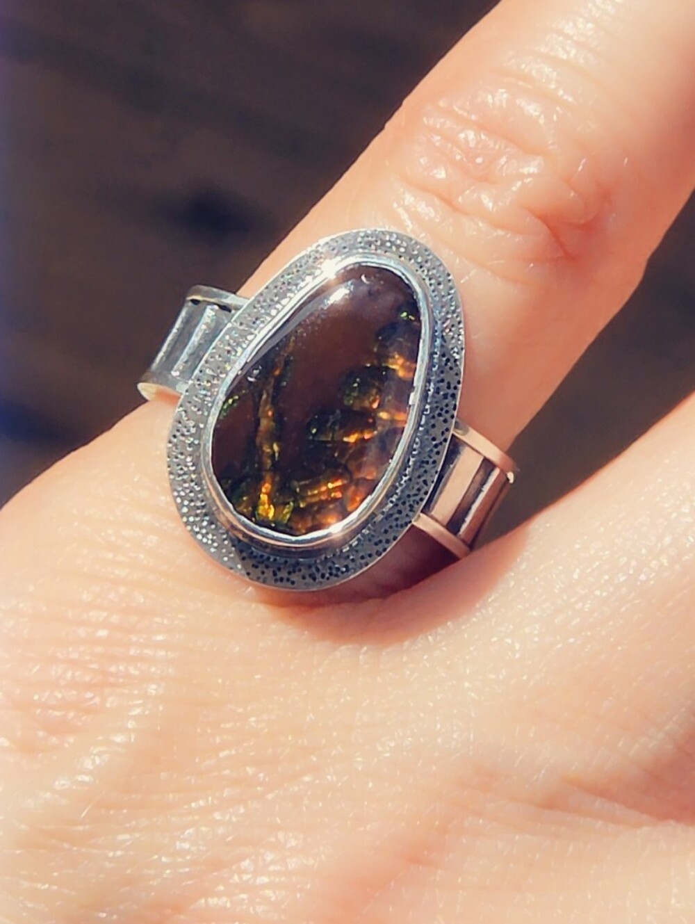 Estate Ammolite Gemstone Ring 925 Sterling Silver